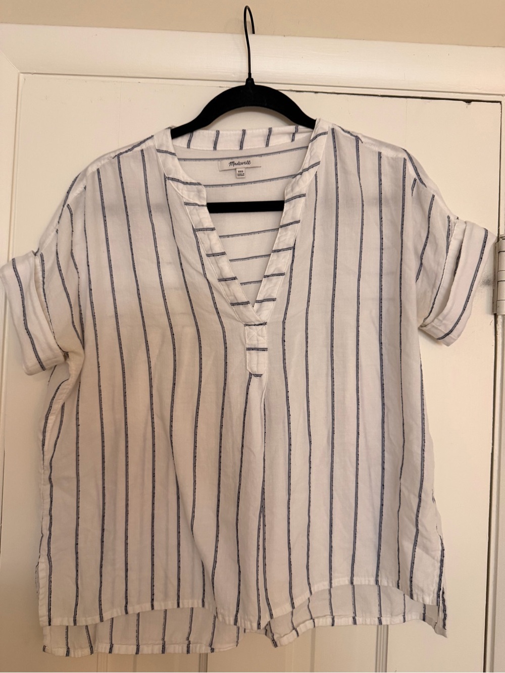 Madewell White & Navy Stripe Spilt neck Short Sleeve Top